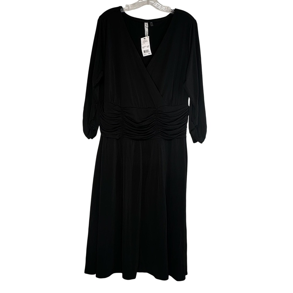 NY Collection Woman Black Ruched Wrap V-Neck Midi Dress WQID0137 Plus 1X NEW